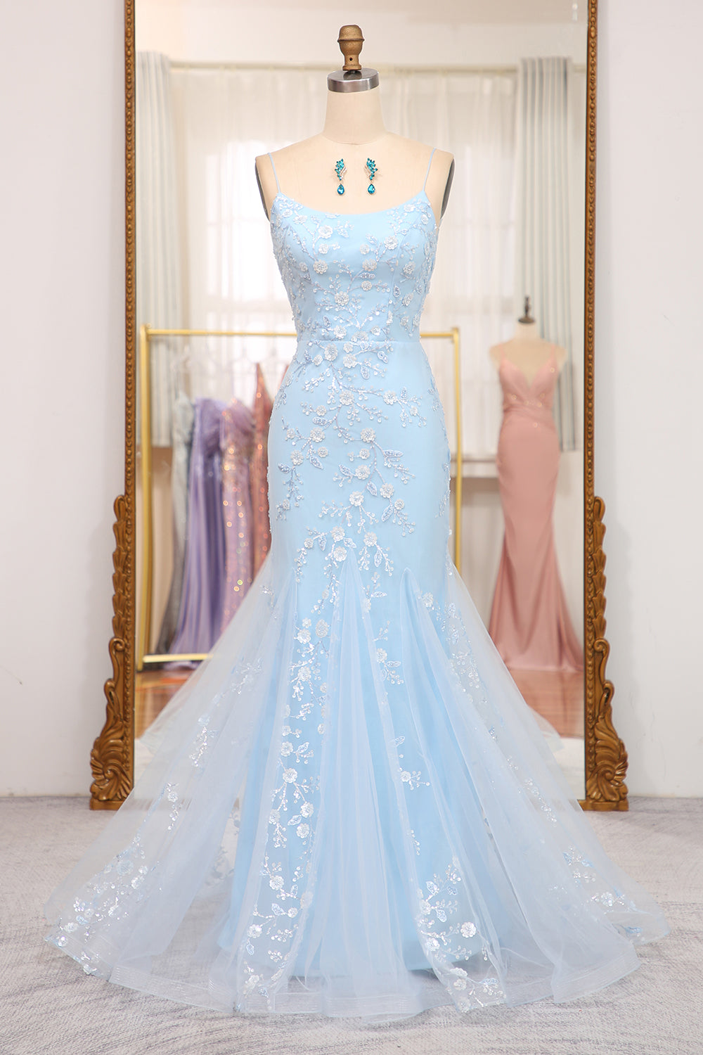 Mermaid Long Lace Light Blue Prom Dresses Spaghetti Straps – MyChicDress