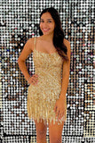 Sheath Spaghetti Straps Gold Short Homecoming Dress with Tassel