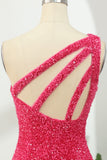 Sheath One Shoulder Fuchsia Short Homecoming Dress with Appliques