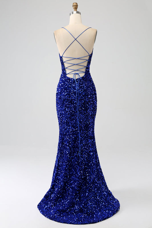 Sequins Royal Blue Mermaid Spaghetti Straps Long Prom Dress