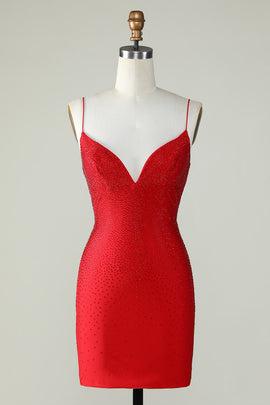 Red Beading Tight Glitter Homecoming Dress