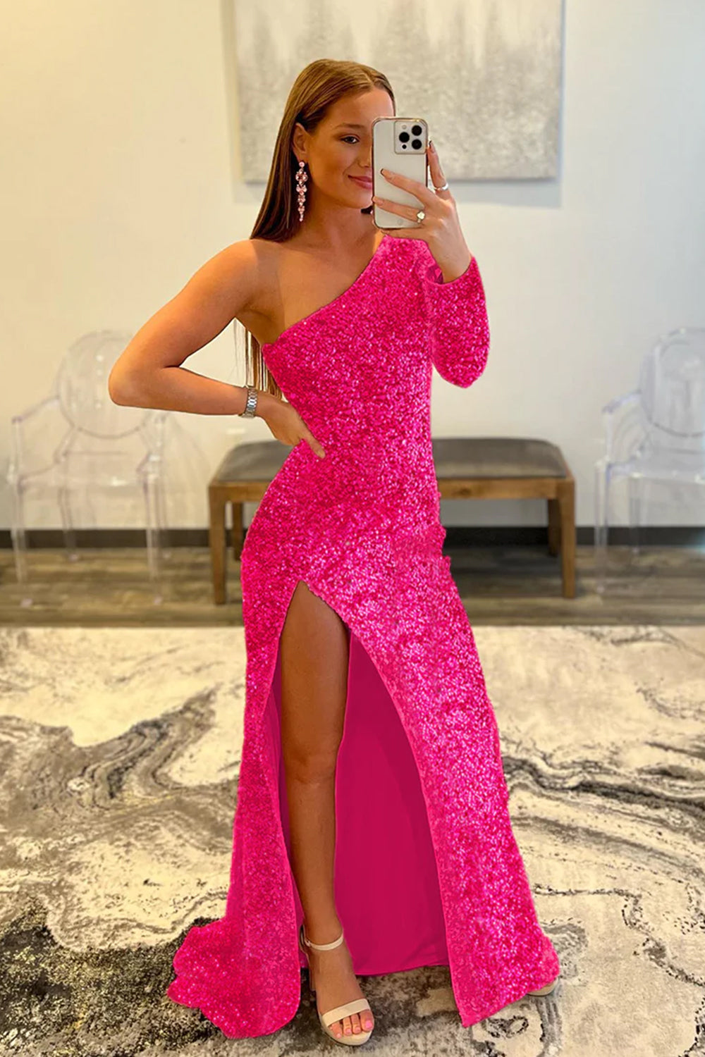 Fuchsia Mermaid Glitter One-Shoulder Single Sleeve Prom Dress With Sequins