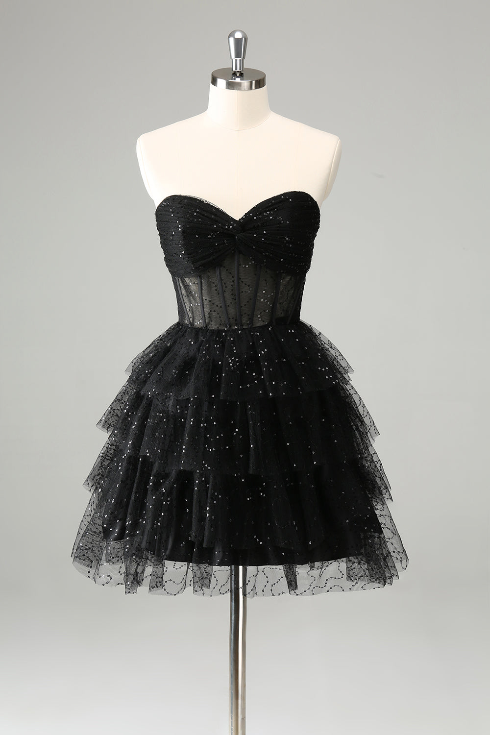 Sparkly Cute A Line Black Sweetheart Tiered Corset Homecoming Dress