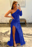 Orange Mermaid Sequins Glitter One-Shoulder Prom Dress With Slit