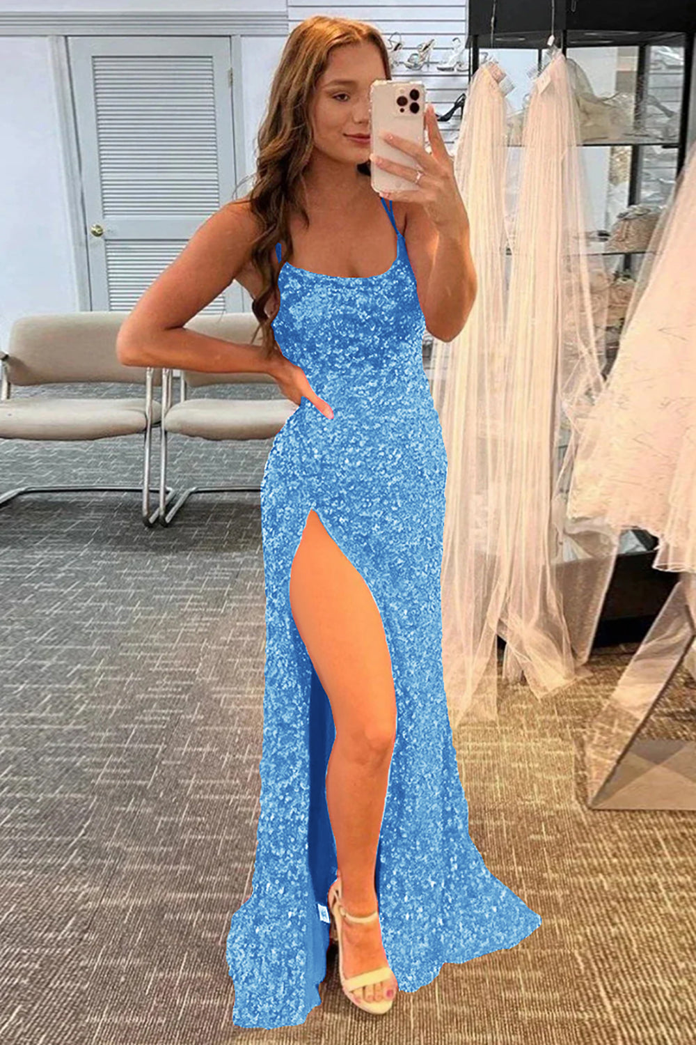 Navy Mermaid Glitter Sequins Backless Long Prom Dress With Slit