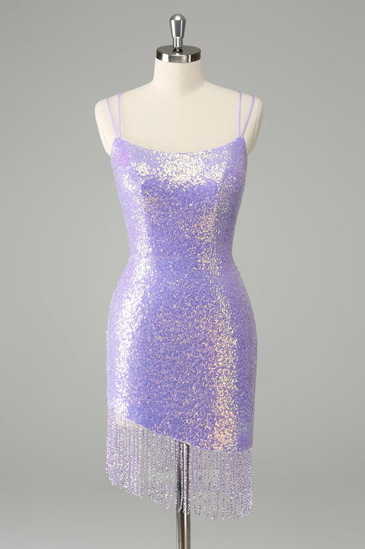 Sparkly Lilac Sequins Lace Up Back Short Homecoming Dress with Tassels