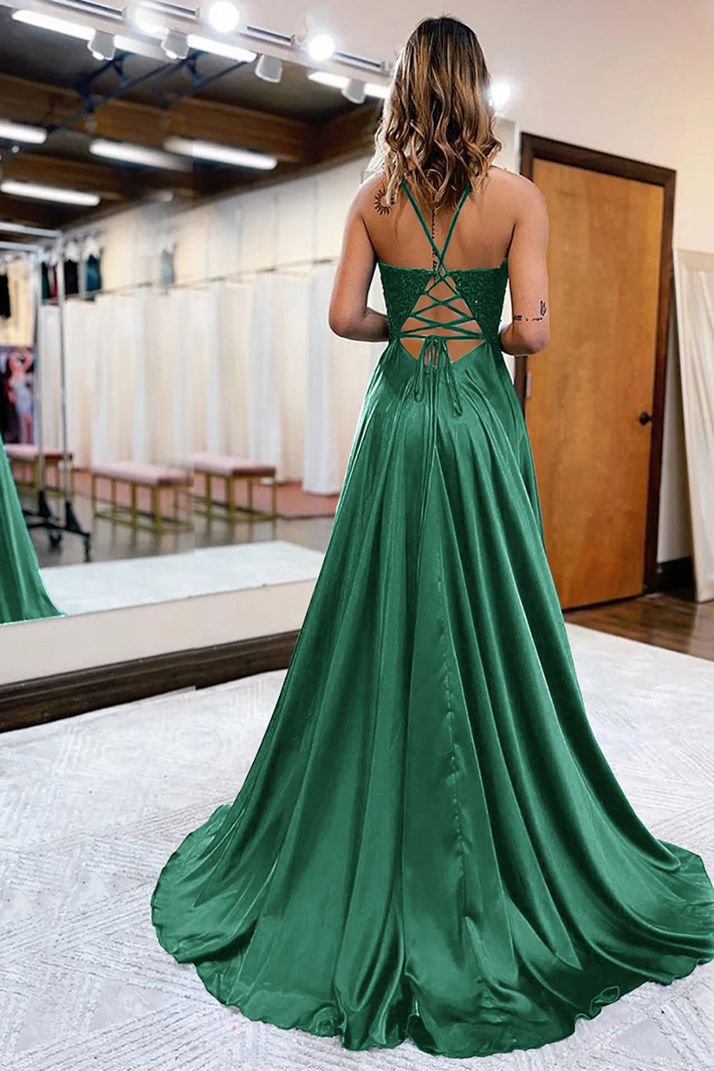 Peacock Green Satin A-Line Appliques Prom Dress with Slit