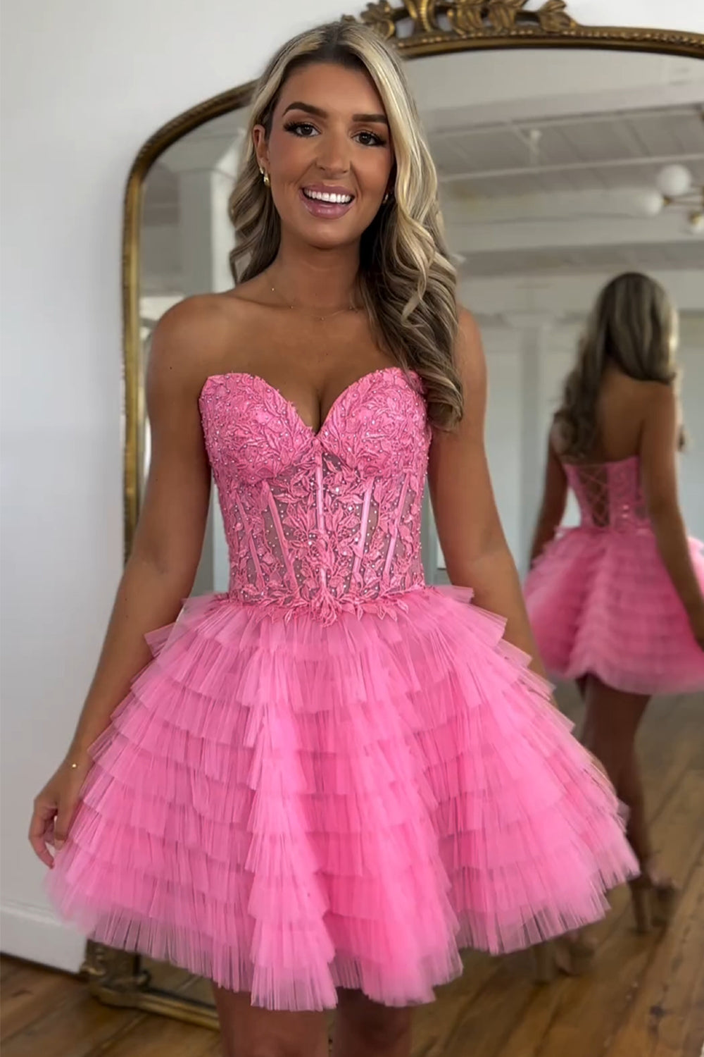 Pink A Line Strapless Beaded Tulle Homecoming Dress