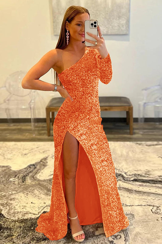 Orange Mermaid Sequins Glitter One-Shoulder Prom Dress With Slit