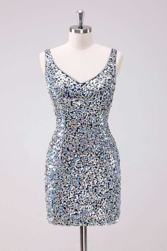 Sequins Silver Bodycon V-Neck Short Homecoming Dress