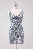 Sequins Silver Bodycon V-Neck Short Homecoming Dress