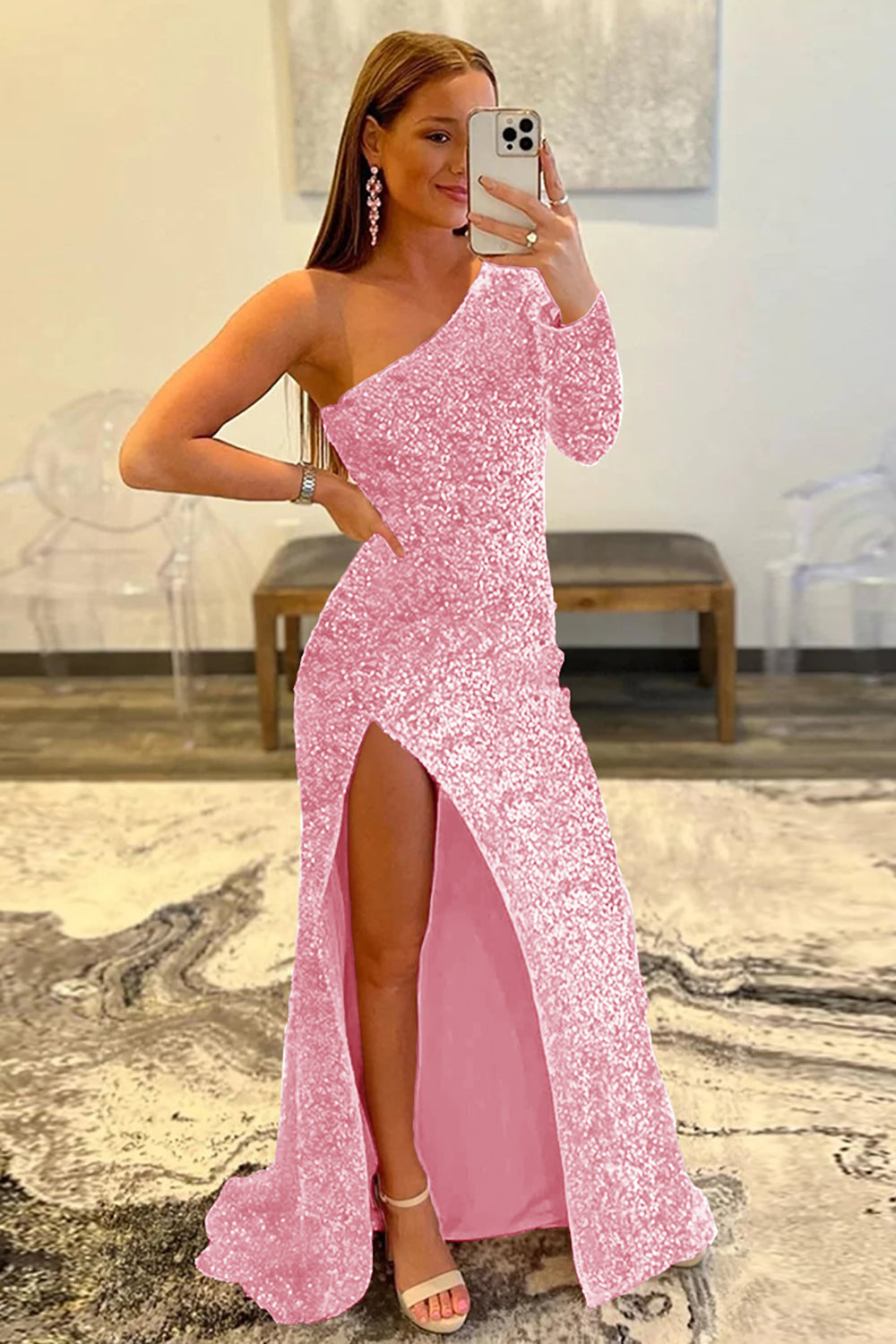 Orange Mermaid Sequins Glitter One-Shoulder Prom Dress With Slit