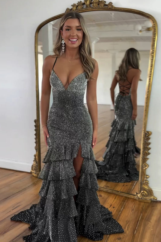 Black Mermaid Beaded Spaghetti Straps Long Prom Dress
