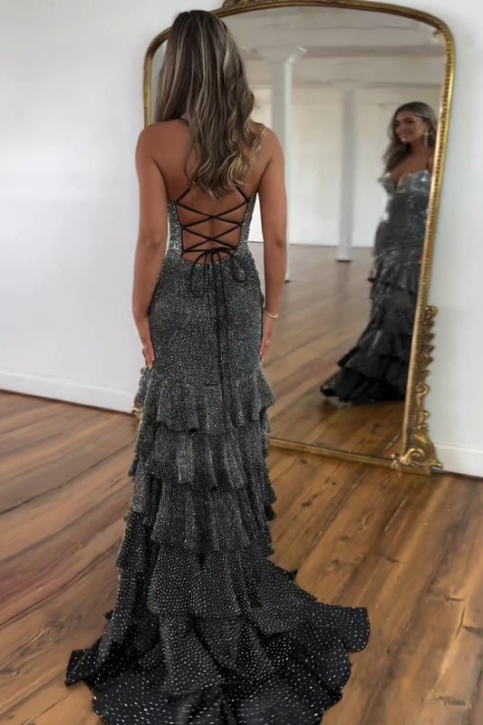 Black Mermaid Beaded Spaghetti Straps Long Prom Dress