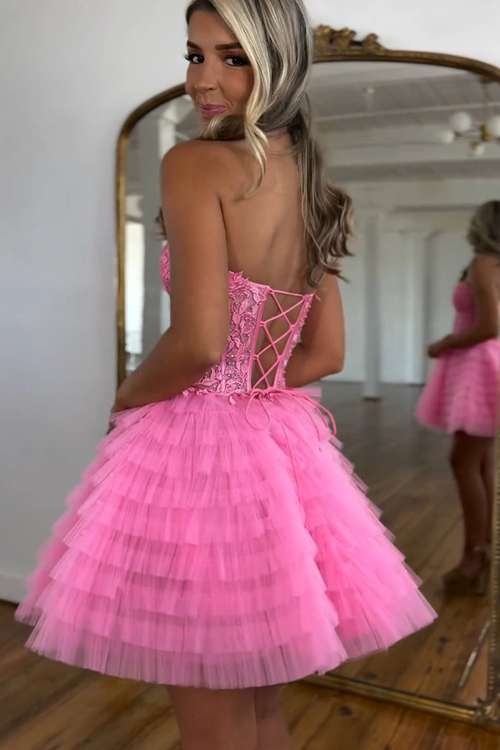 Pink A Line Strapless Beaded Tulle Homecoming Dress