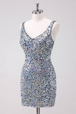 Sequins Silver Bodycon V-Neck Short Homecoming Dress