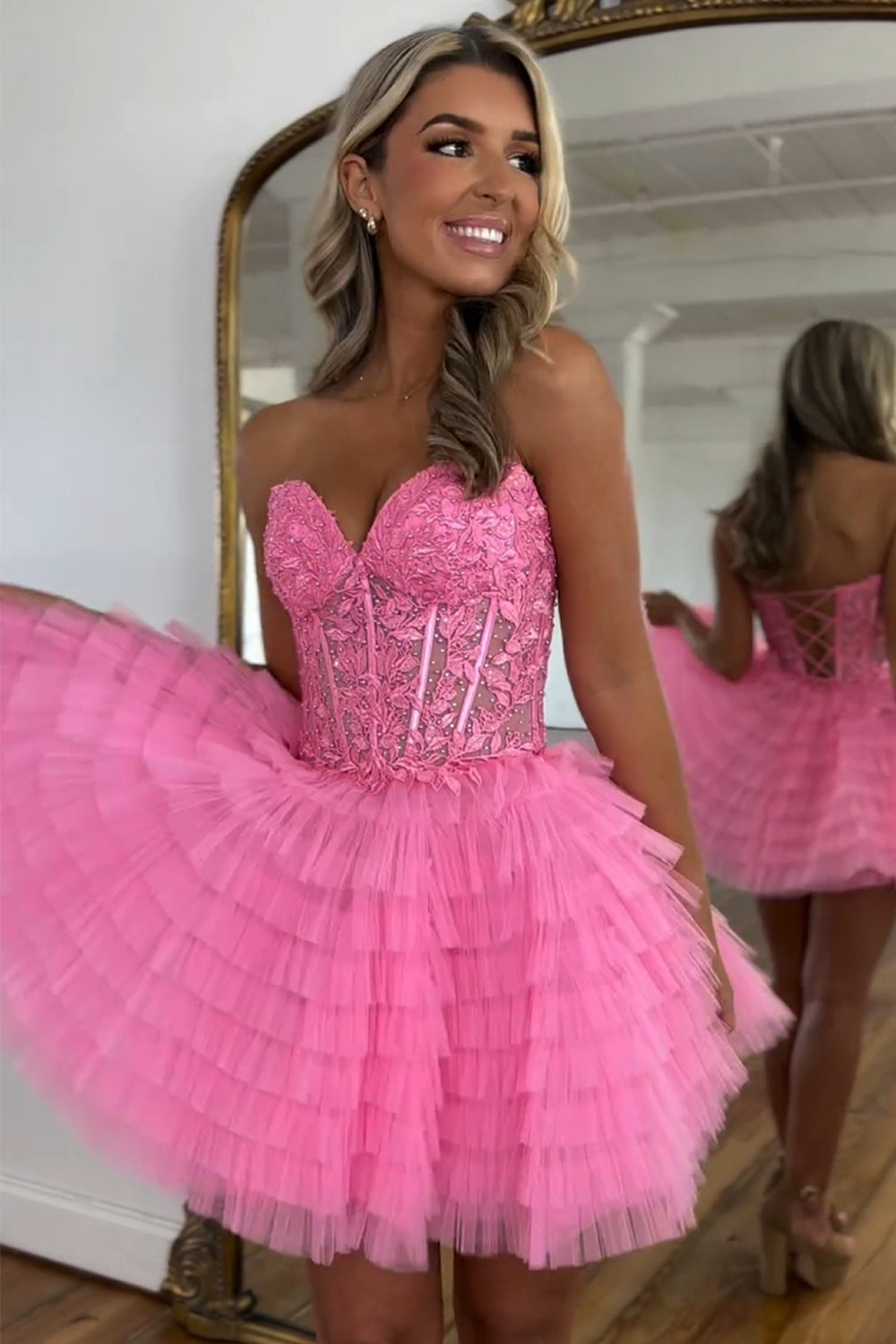 Pink A Line Strapless Beaded Tulle Homecoming Dress