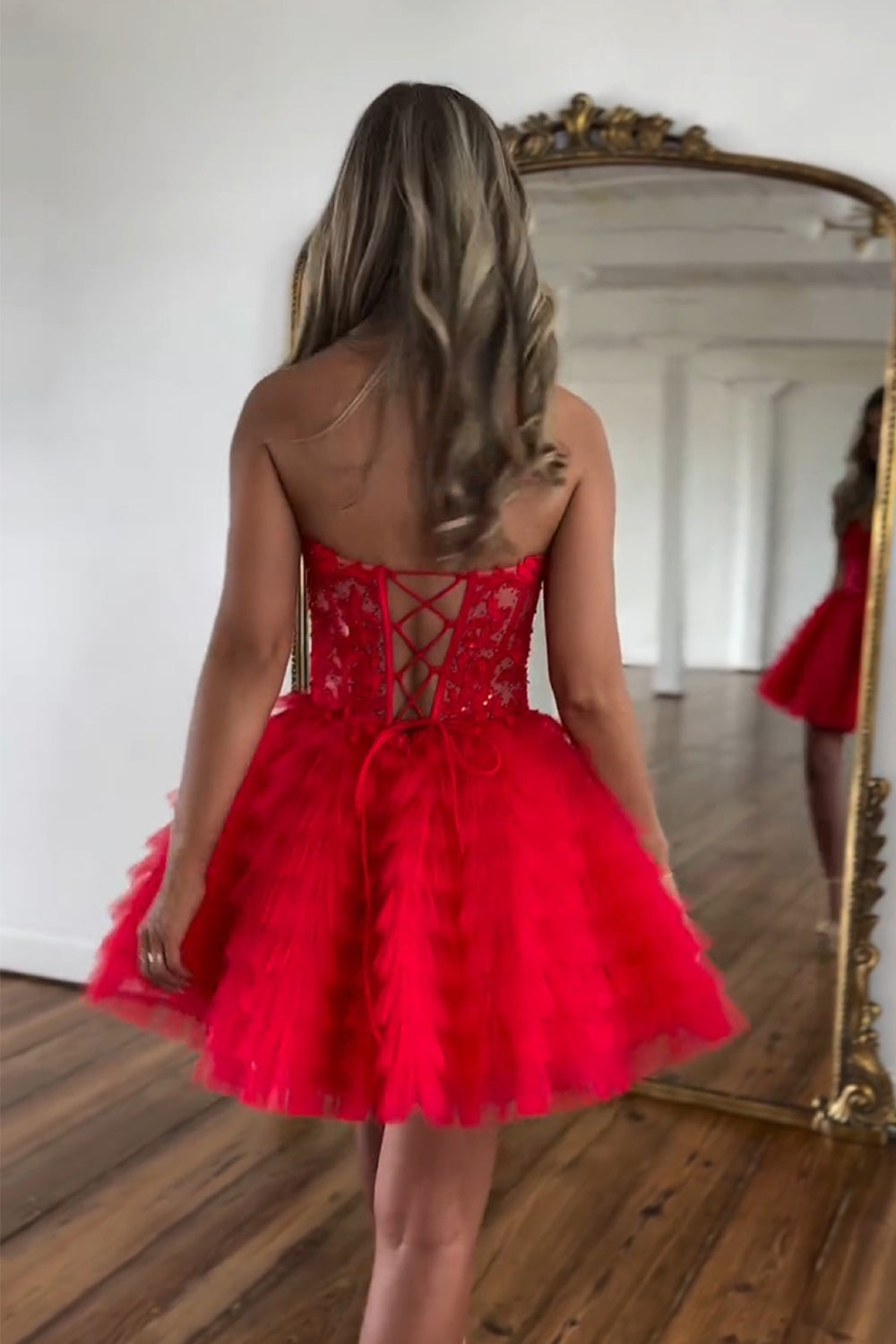 Pink A Line Strapless Beaded Tulle Homecoming Dress