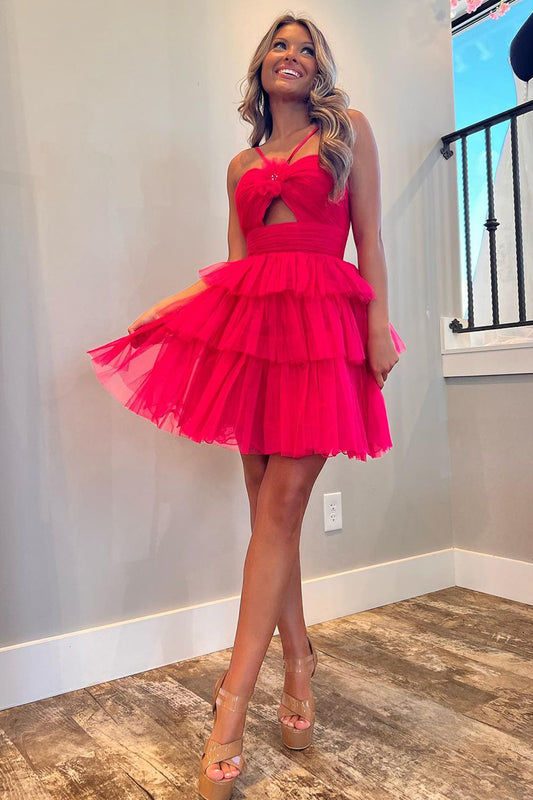 A-line Fuchsia Tulle Halter Homecoming Dress