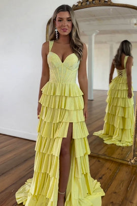 Yellow A Line Beaded Long Prom Dress with Slit
