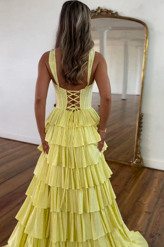 Yellow A Line Beaded Long Prom Dress with Slit