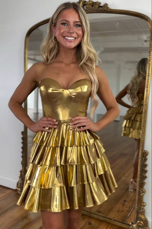 A Line Golden Strapless Homecoming Dress