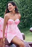 Pink Spaghetti Straps Beaded Tight Homecoming Dress