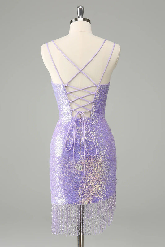 Sparkly Lilac Sequins Lace Up Back Short Homecoming Dress with Tassels