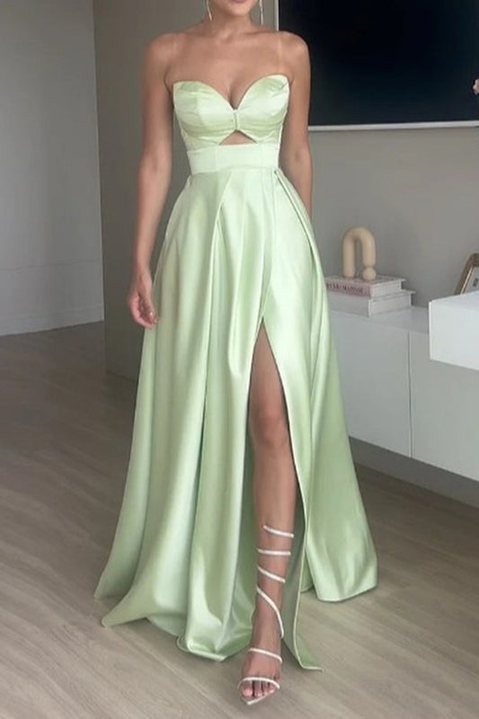 Green Strapless Satin Long Prom Dress