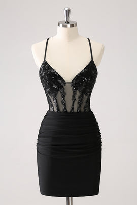 Black Spaghetti Straps Tight Homecoming Dress