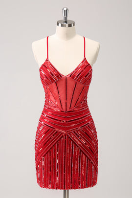 Red Sequins Spaghetti Straps Tight Homecoming Dress