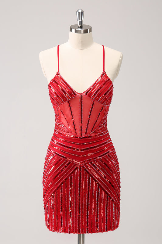 Red Sequins Spaghetti Straps Tight Homecoming Dress