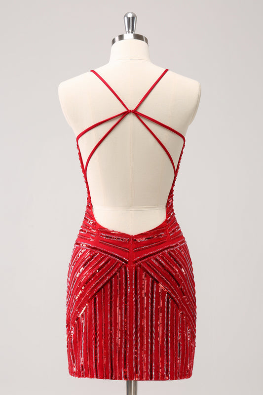 Red Sequins Spaghetti Straps Tight Homecoming Dress