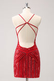 Red Sequins Spaghetti Straps Tight Homecoming Dress