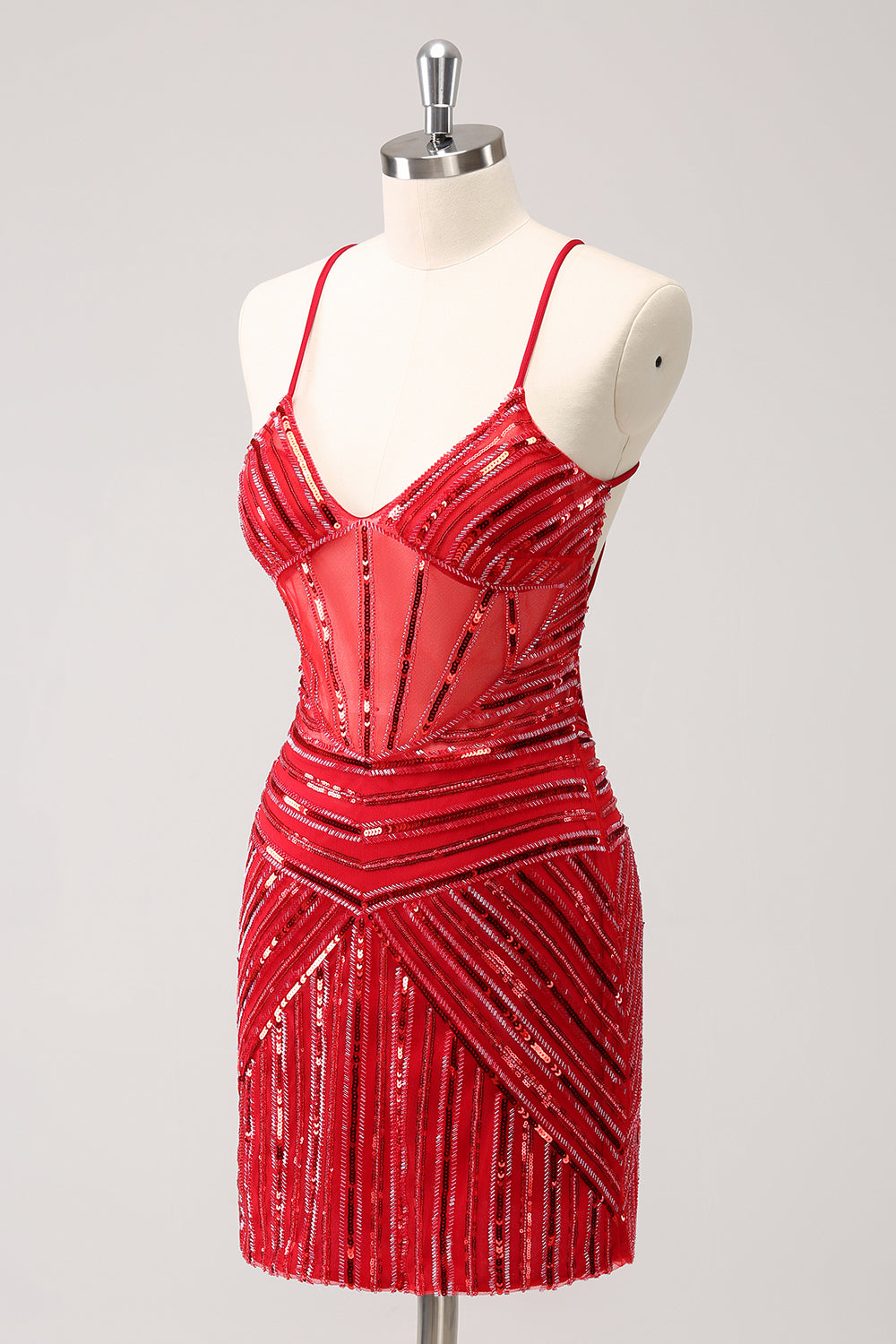 Red Sequins Spaghetti Straps Tight Homecoming Dress