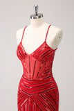 Red Sequins Spaghetti Straps Tight Homecoming Dress