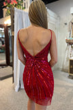 Red Sequins Spaghetti Straps Tight Homecoming Dress