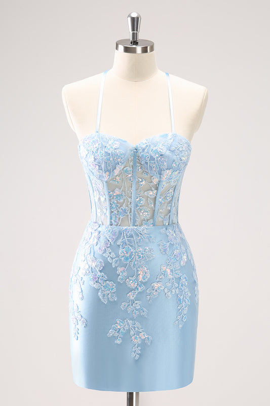 Sparkly Sequined Blue Spaghetti Straps Corset Short Homecoming Dress