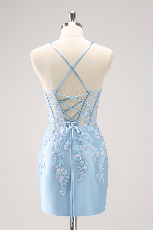 Sparkly Sequined Blue Spaghetti Straps Corset Short Homecoming Dress