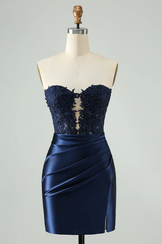 Strapless Navy Lace Hollow Out Tight Homecoming Dress