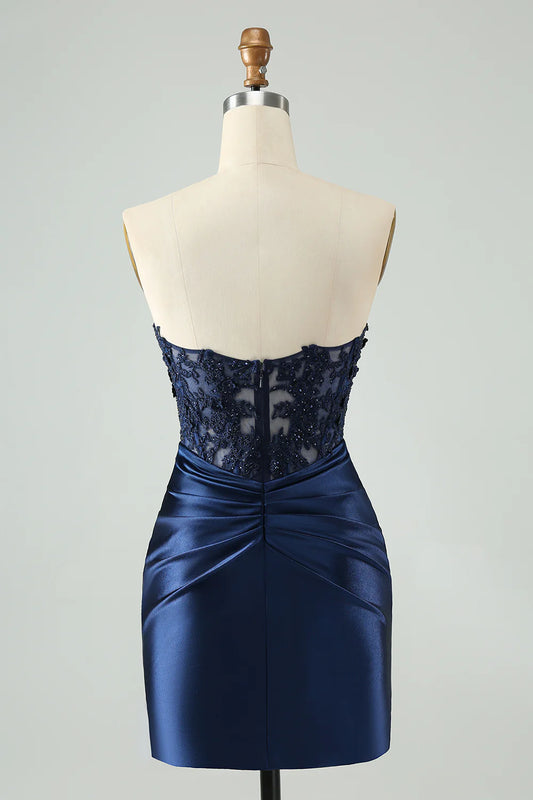 Strapless Navy Lace Hollow Out Tight Homecoming Dress