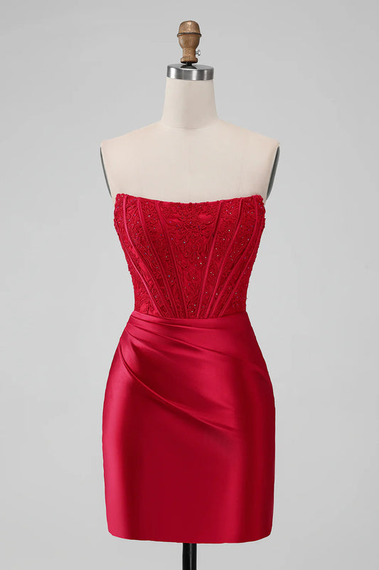 Red Strapless Lace Tight Homecoming Dress