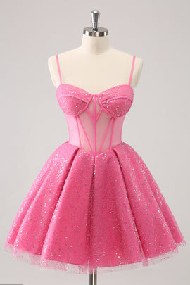 Pink A Line Tulle Spaghetti Straps Sparkly Homecoming Dress