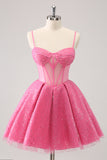 Pink A Line Tulle Spaghetti Straps Sparkly Homecoming Dress