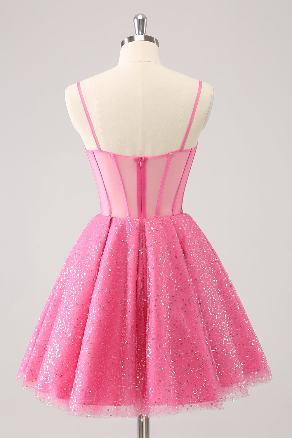 Pink A Line Tulle Spaghetti Straps Sparkly Homecoming Dress