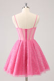 Pink A Line Tulle Spaghetti Straps Sparkly Homecoming Dress