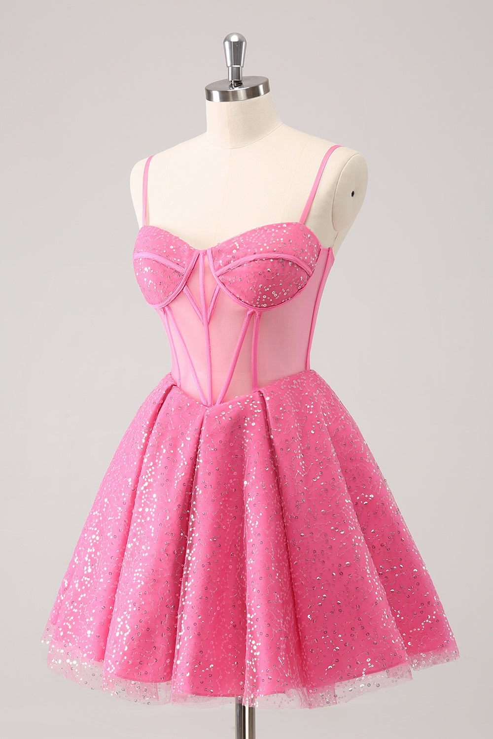 Pink A Line Tulle Spaghetti Straps Sparkly Homecoming Dress