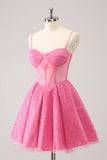 Pink A Line Tulle Spaghetti Straps Sparkly Homecoming Dress