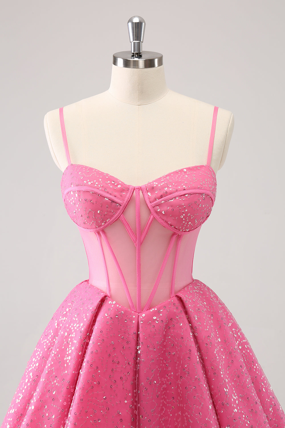 Pink A Line Tulle Spaghetti Straps Sparkly Homecoming Dress