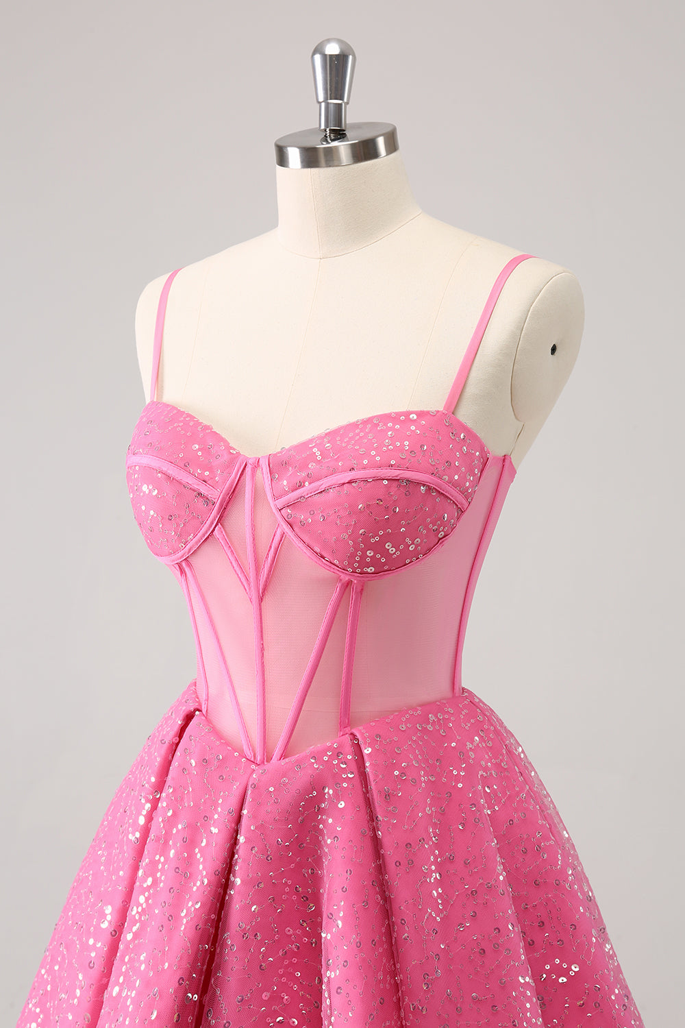 Pink A Line Tulle Spaghetti Straps Sparkly Homecoming Dress